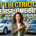 High-quality YouTube thumbnail featuring modern electric cars parked in a sleek urban setting with bold text reading “Best Electric Cars for First-Time Buyers,” highlighting beginner-friendly EV options and smart car-buying choices.