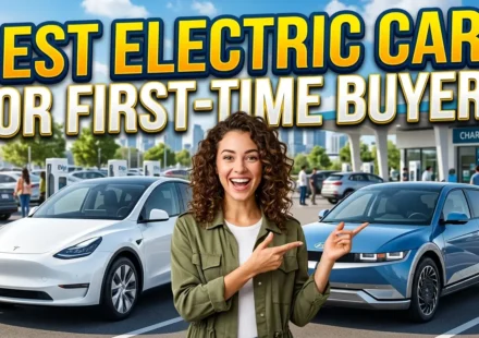 High-quality YouTube thumbnail featuring modern electric cars parked in a sleek urban setting with bold text reading “Best Electric Cars for First-Time Buyers,” highlighting beginner-friendly EV options and smart car-buying choices.