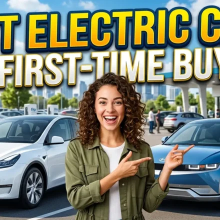 High-quality YouTube thumbnail featuring modern electric cars parked in a sleek urban setting with bold text reading “Best Electric Cars for First-Time Buyers,” highlighting beginner-friendly EV options and smart car-buying choices.