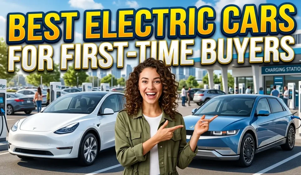 High-quality YouTube thumbnail featuring modern electric cars parked in a sleek urban setting with bold text reading “Best Electric Cars for First-Time Buyers,” highlighting beginner-friendly EV options and smart car-buying choices.