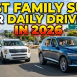 High-quality YouTube thumbnail featuring modern family SUVs driving on a city road with bold text “Best Family SUVs for Daily Driving in 2026”, showcasing comfort, safety, and practicality for everyday family transportation.