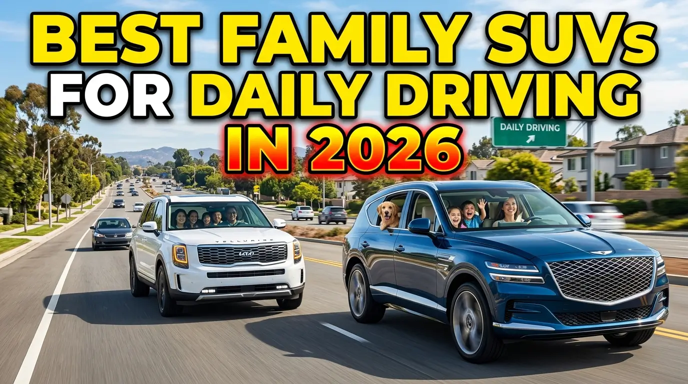 High-quality YouTube thumbnail featuring modern family SUVs driving on a city road with bold text “Best Family SUVs for Daily Driving in 2026”, showcasing comfort, safety, and practicality for everyday family transportation.