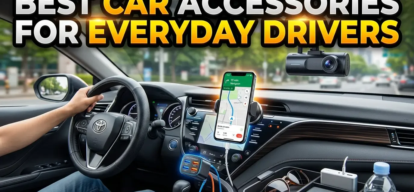 High-quality YouTube thumbnail featuring essential car accessories with bold headline “Best Car Accessories for Everyday Drivers”