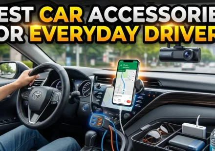 High-quality YouTube thumbnail featuring essential car accessories with bold headline “Best Car Accessories for Everyday Drivers”