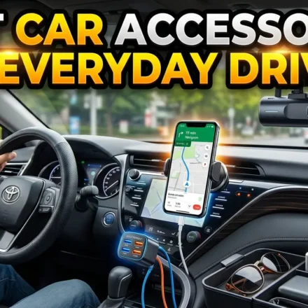 High-quality YouTube thumbnail featuring essential car accessories with bold headline “Best Car Accessories for Everyday Drivers”