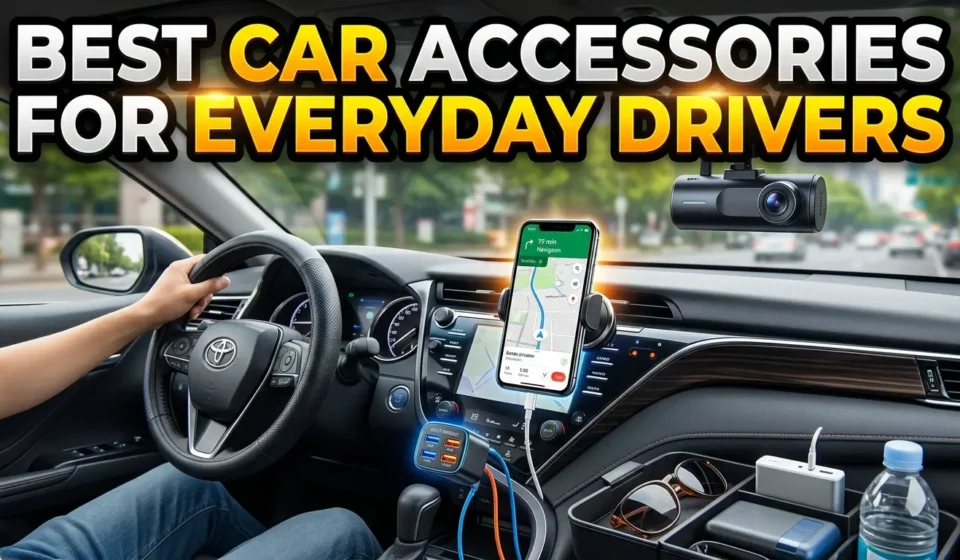 High-quality YouTube thumbnail featuring essential car accessories with bold headline “Best Car Accessories for Everyday Drivers”