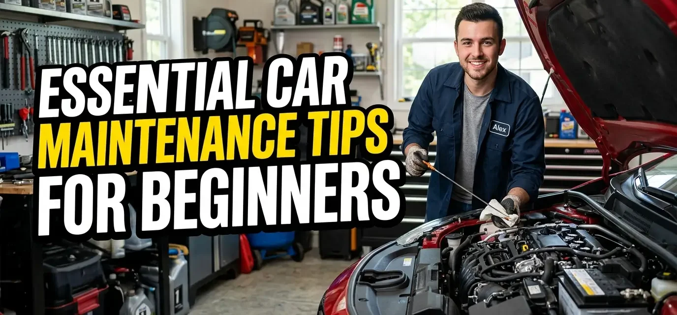 High-quality YouTube thumbnail featuring a well-maintained car with basic maintenance tools, engine components, and bold text reading “Essential Car Maintenance Tips for Beginners,” designed to help new drivers learn vehicle care basics.