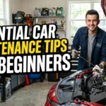 High-quality YouTube thumbnail featuring a well-maintained car with basic maintenance tools, engine components, and bold text reading “Essential Car Maintenance Tips for Beginners,” designed to help new drivers learn vehicle care basics.