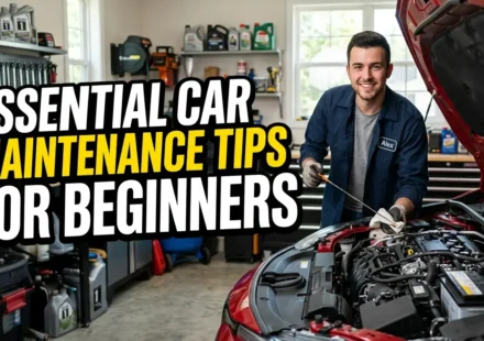 High-quality YouTube thumbnail featuring a well-maintained car with basic maintenance tools, engine components, and bold text reading “Essential Car Maintenance Tips for Beginners,” designed to help new drivers learn vehicle care basics.