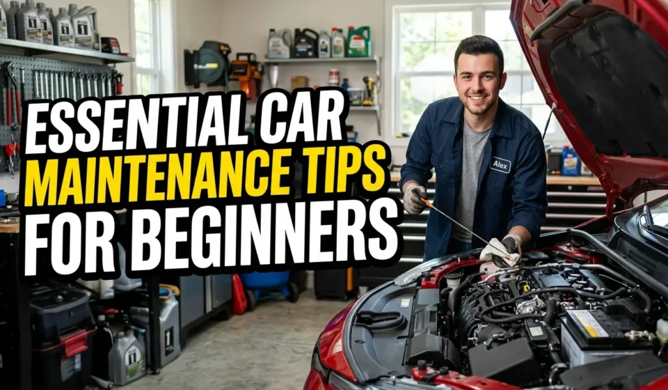 High-quality YouTube thumbnail featuring a well-maintained car with basic maintenance tools, engine components, and bold text reading “Essential Car Maintenance Tips for Beginners,” designed to help new drivers learn vehicle care basics.