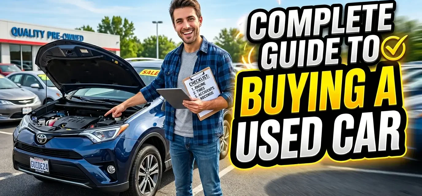 High-quality realistic YouTube thumbnail showing a used car buying guide with bold horizontal text “Complete Guide to Buying a Used Car,” featuring a modern car lot and attention-grabbing design.