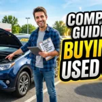 High-quality realistic YouTube thumbnail showing a used car buying guide with bold horizontal text “Complete Guide to Buying a Used Car,” featuring a modern car lot and attention-grabbing design.