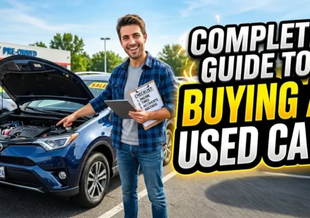 High-quality realistic YouTube thumbnail showing a used car buying guide with bold horizontal text “Complete Guide to Buying a Used Car,” featuring a modern car lot and attention-grabbing design.