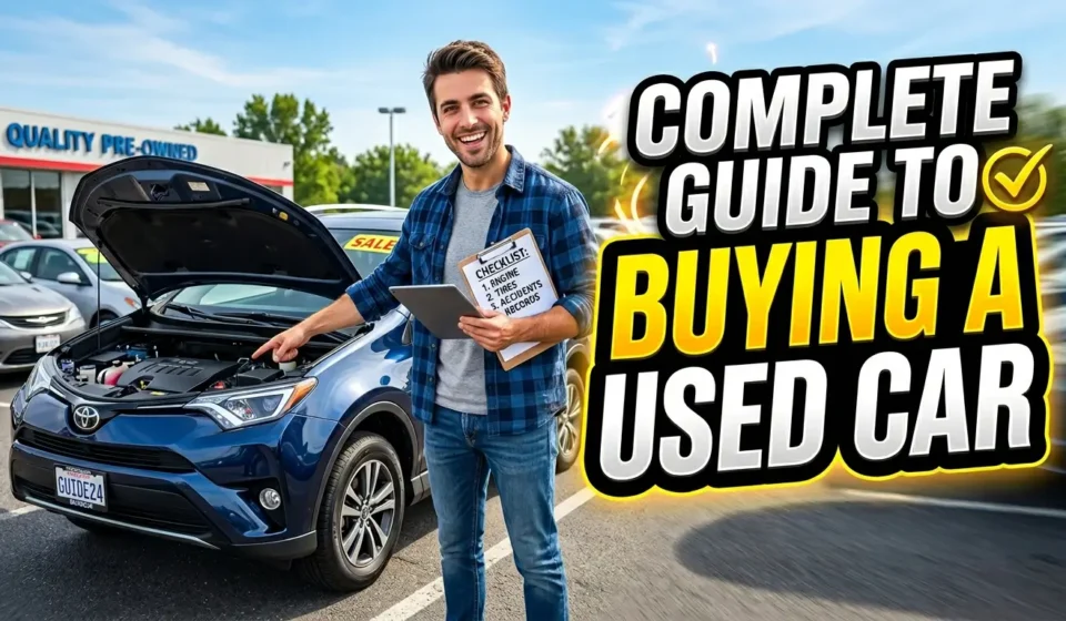 High-quality realistic YouTube thumbnail showing a used car buying guide with bold horizontal text “Complete Guide to Buying a Used Car,” featuring a modern car lot and attention-grabbing design.