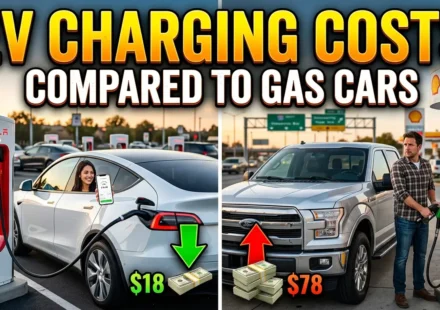High-quality YouTube thumbnail comparing EV charging costs to gas car fuel expenses, featuring an electric vehicle charging station, a gasoline pump, cost comparison graphics, and bold text reading “EV Charging Costs Compared to Gas Cars.”