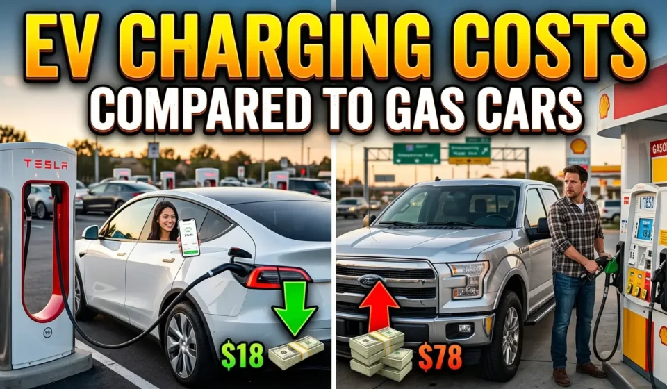 High-quality YouTube thumbnail comparing EV charging costs to gas car fuel expenses, featuring an electric vehicle charging station, a gasoline pump, cost comparison graphics, and bold text reading “EV Charging Costs Compared to Gas Cars.”