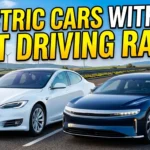 High-quality YouTube thumbnail featuring a modern electric car driving on an open highway with a futuristic city skyline in the background. Bold horizontal text reads “Electric Cars With the Best Driving Range.” Realistic automotive photography, vibrant colors, and eye-catching design focused on long-range EV performance.