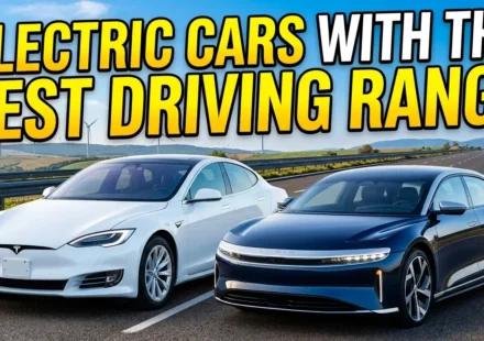 High-quality YouTube thumbnail featuring a modern electric car driving on an open highway with a futuristic city skyline in the background. Bold horizontal text reads “Electric Cars With the Best Driving Range.” Realistic automotive photography, vibrant colors, and eye-catching design focused on long-range EV performance.