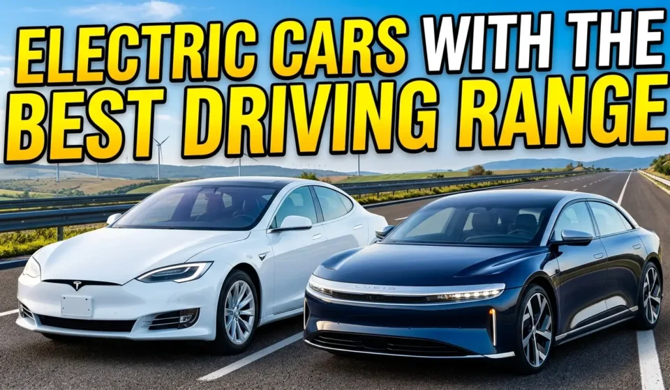 High-quality YouTube thumbnail featuring a modern electric car driving on an open highway with a futuristic city skyline in the background. Bold horizontal text reads “Electric Cars With the Best Driving Range.” Realistic automotive photography, vibrant colors, and eye-catching design focused on long-range EV performance.