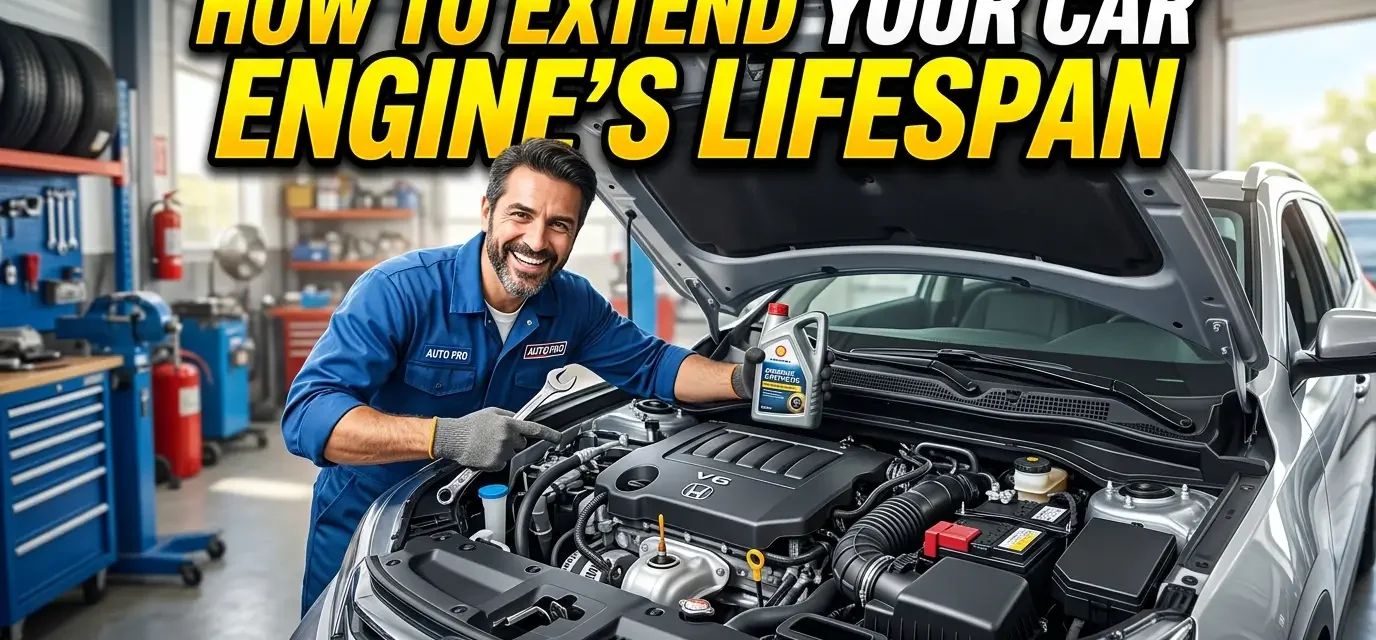 High-quality YouTube thumbnail featuring a well-maintained car engine with bold text reading "How to Extend Your Car Engine's Lifespan," highlighting essential vehicle maintenance and engine care tips.