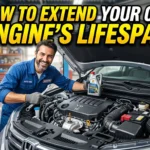 High-quality YouTube thumbnail featuring a well-maintained car engine with bold text reading "How to Extend Your Car Engine's Lifespan," highlighting essential vehicle maintenance and engine care tips.