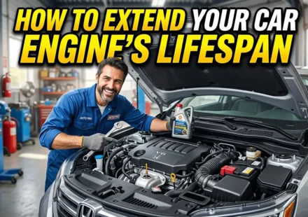 High-quality YouTube thumbnail featuring a well-maintained car engine with bold text reading "How to Extend Your Car Engine's Lifespan," highlighting essential vehicle maintenance and engine care tips.