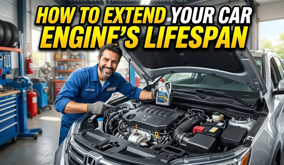 High-quality YouTube thumbnail featuring a well-maintained car engine with bold text reading "How to Extend Your Car Engine's Lifespan," highlighting essential vehicle maintenance and engine care tips.