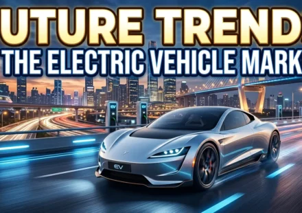 High-quality YouTube thumbnail featuring modern electric vehicles, futuristic EV technology, charging stations, and a dynamic city skyline with bold text reading "Future Trends in the Electric Vehicle Market."
