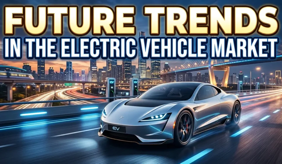 High-quality YouTube thumbnail featuring modern electric vehicles, futuristic EV technology, charging stations, and a dynamic city skyline with bold text reading "Future Trends in the Electric Vehicle Market."