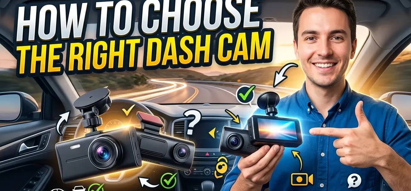 High-quality YouTube thumbnail featuring bold text “How to Choose the Right Dash Cam” over a modern car dashboard with a dash camera.