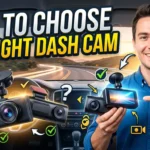 High-quality YouTube thumbnail featuring bold text “How to Choose the Right Dash Cam” over a modern car dashboard with a dash camera.
