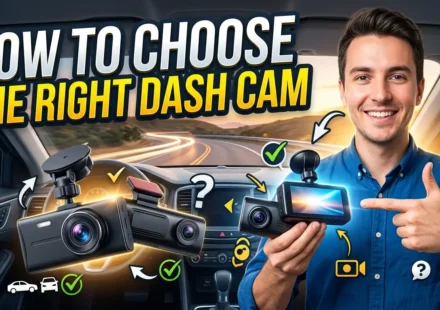 High-quality YouTube thumbnail featuring bold text “How to Choose the Right Dash Cam” over a modern car dashboard with a dash camera.
