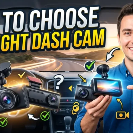 High-quality YouTube thumbnail featuring bold text “How to Choose the Right Dash Cam” over a modern car dashboard with a dash camera.