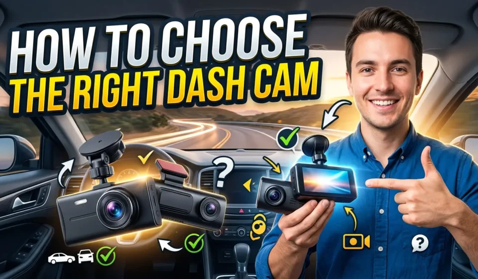 High-quality YouTube thumbnail featuring bold text “How to Choose the Right Dash Cam” over a modern car dashboard with a dash camera.