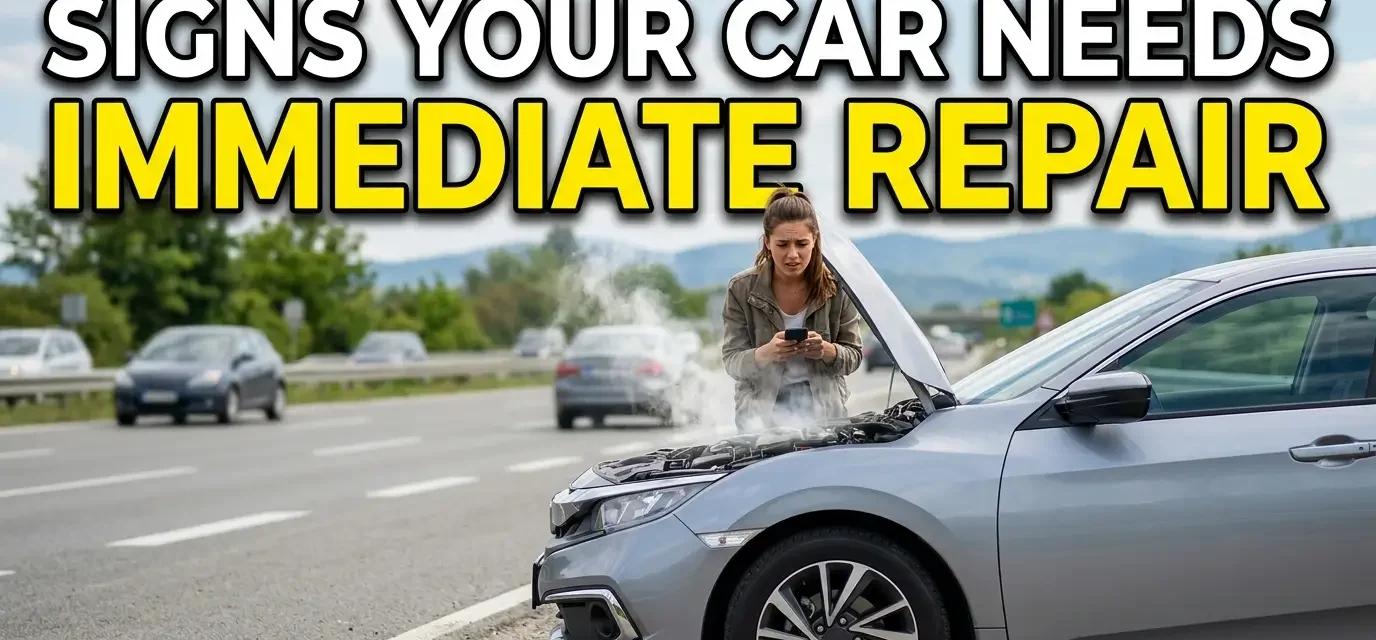 High-quality YouTube thumbnail showing a car with warning dashboard lights, smoke from the engine, and a concerned driver, featuring bold text reading “Signs Your Car Needs Immediate Repair.”