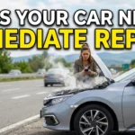 High-quality YouTube thumbnail showing a car with warning dashboard lights, smoke from the engine, and a concerned driver, featuring bold text reading “Signs Your Car Needs Immediate Repair.”