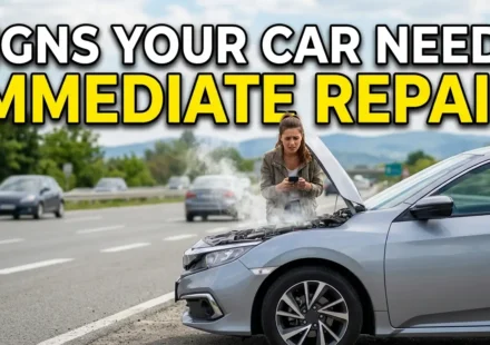 High-quality YouTube thumbnail showing a car with warning dashboard lights, smoke from the engine, and a concerned driver, featuring bold text reading “Signs Your Car Needs Immediate Repair.”