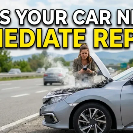 High-quality YouTube thumbnail showing a car with warning dashboard lights, smoke from the engine, and a concerned driver, featuring bold text reading “Signs Your Car Needs Immediate Repair.”