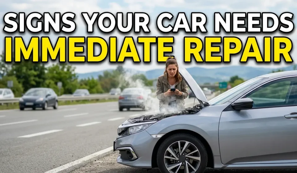 High-quality YouTube thumbnail showing a car with warning dashboard lights, smoke from the engine, and a concerned driver, featuring bold text reading “Signs Your Car Needs Immediate Repair.”