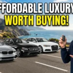 High-quality YouTube thumbnail featuring affordable luxury cars lined up in a premium showroom setting with bold text reading “Top Affordable Luxury Cars Worth Buying,” highlighting stylish and budget-friendly luxury vehicle options.