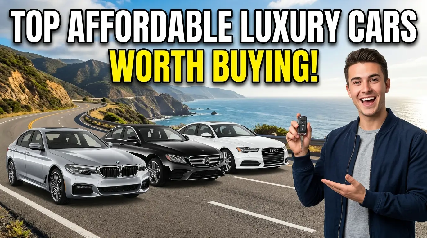 High-quality YouTube thumbnail featuring affordable luxury cars lined up in a premium showroom setting with bold text reading “Top Affordable Luxury Cars Worth Buying,” highlighting stylish and budget-friendly luxury vehicle options.